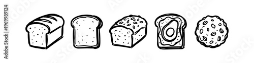 Set of hand-drawn bakery illustrations featuring bread loaves, toast slices, avocado toast, and a cookie. Minimalist black ink doodle style on white background.