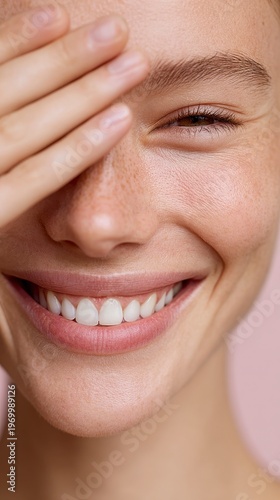 Joyful Young Woman With Glitter Makeup Smiling With Eyes Closed and Hand Covering Face