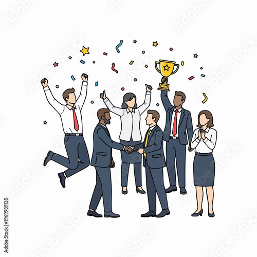 A diverse group of business professionals celebrate a win with a trophy