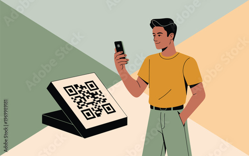 Man scans QR code with smartphone in hand standing indoors