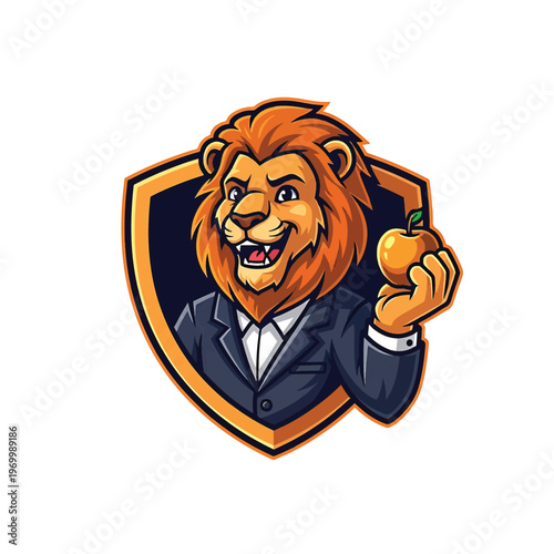 Lion mascot in suit holding orange with shield background
