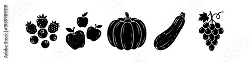 Collection of black silhouette icons featuring harvest fruits and vegetables: berries, apples, pumpkin, zucchini, and grapes. Minimalist vector elements for autumn, food, and garden designs.