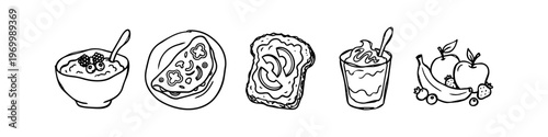 Hand-drawn line art collection of healthy breakfast items including oatmeal, omelet, avocado toast, yogurt parfait, and fresh fruit. Minimalist black and white doodle illustrations.