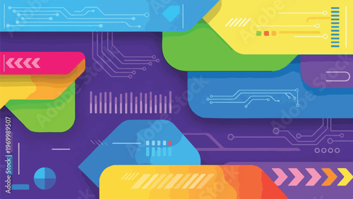 A vibrant abstract design composed of geometric shapes and circuit diagrams