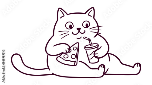 Cat sitting with pizza slice and soda cup: hand-drawn sketch, black linework, white background.