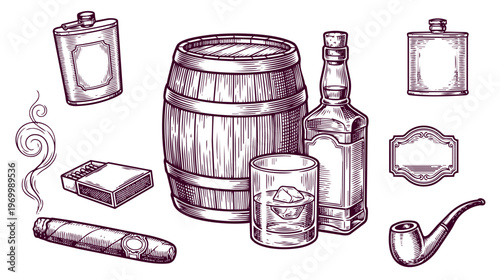Whiskey and cigar vintage engraving: wooden barrel, crystal glass, bottle and pipe, black line art, isolated.