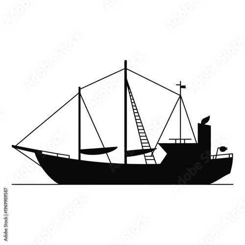 A classic sailing boat with detailed rigging shown in black silhouette