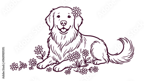 Dog sitting in flowers: hand drawn sketch illustration, minimalist line art, vector isolated.