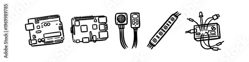 Set of hand-drawn doodle icons representing electronic components like microcontrollers, Raspberry Pi, Arduino, sensors, and LED strips. Perfect for STEM and DIY maker projects.