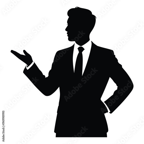 A formally dressed man presenting with an open hand gesture silhouette