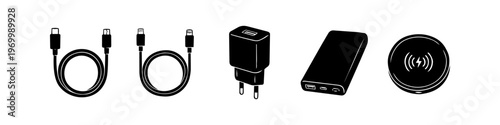 Vector set of mobile charging accessories including USB cables, wall plug, power bank, and wireless charger pad. Black silhouette icons isolated on white background for tech and gadgets themes.