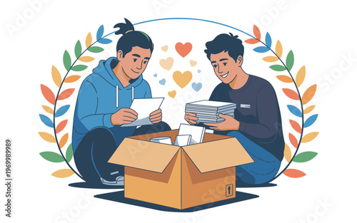 Two men sitting on floor unpacking boxes with papers and emotions