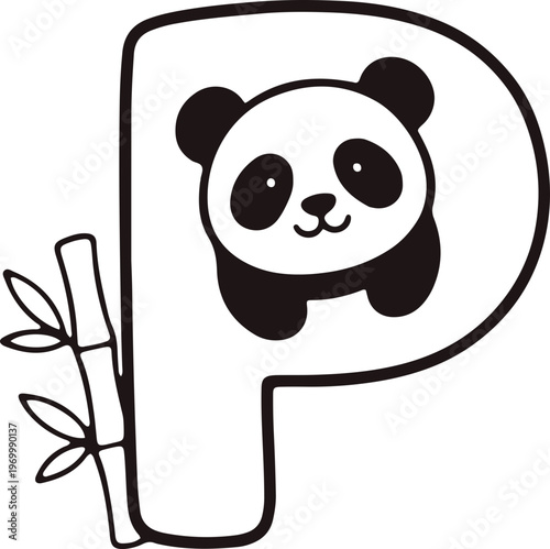 Cute Panda Character in Letter P with Bamboo for Coloring