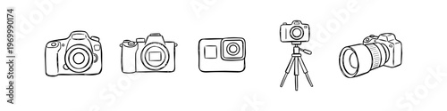 Set of hand-drawn camera icons including DSLR, action cam, and tripod. Minimalist black and white line art vector illustrations of photography equipment for creative design projects.