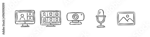 Hand-drawn doodle icons for video conferencing, online meetings, and remote work, featuring computer monitors with group calls, a webcam, a microphone, and an image icon on white background.
