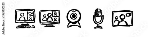Hand-drawn doodle icons of video conferencing equipment, including computers with group calls, a webcam, and a microphone. Sketchy black and white vector illustration for remote work concepts.