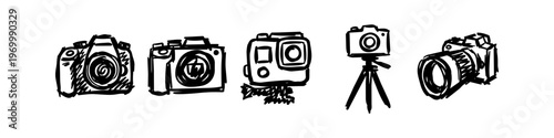 Set of hand-drawn camera doodles including DSLR, action cam, and tripod icons. Black ink sketch style on white background, ideal for photography-related graphic design projects.