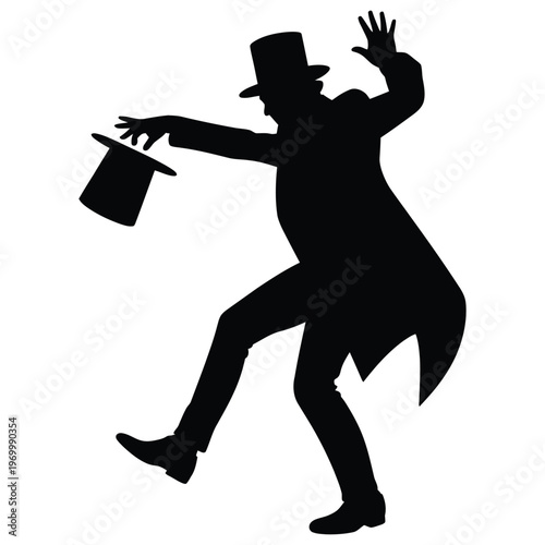 A dapper gentleman performs a magic trick with his hat silhouette