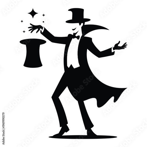 A mysterious magician performs a trick with a top hat black silhouette