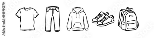 Hand-drawn minimalist line art set of casual clothing icons including t-shirt, jeans, hoodie, sneakers, and backpack. Doodle style fashion collection on white background.