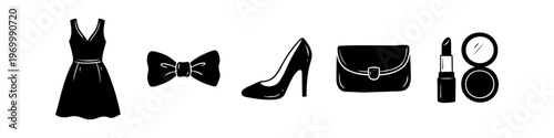 Set of elegant black silhouette icons featuring a sleeveless dress, bow tie, high heel shoe, clutch purse, lipstick, and compact powder. Minimalist fashion and beauty concept on white background.