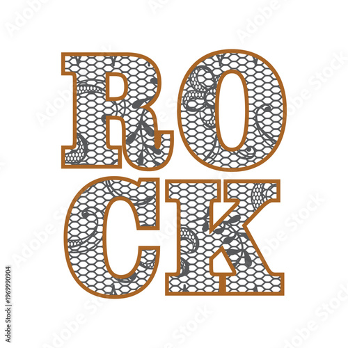 Creative "ROCK" text design featuring an intricate black floral lace pattern inside bold letters with a golden yellow stroke. Stylish graphic for music and fashion apparel.