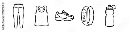 Minimalist hand-drawn doodle icons of fitness gear: leggings, tank top, running shoe, smart fitness tracker, and water bottle. Ideal for gym, workout, and healthy lifestyle designs.