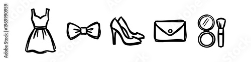 Set of hand-drawn minimalist fashion icons including a dress, bow tie, high heels, clutch, and makeup. Black line art sketches on white background for lifestyle and party planning themes.