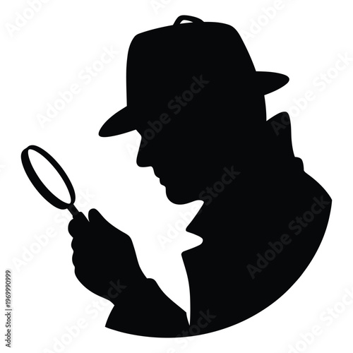 A detective examines clues with a magnifying glass black silhouette