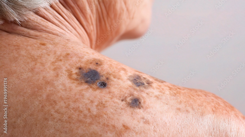 Fototapeta premium Medical visualization of Melanoma skin cancer, showing malignant pigmented tumor pathology, dermatological diagnosis and clinical treatment research for skin oncology education