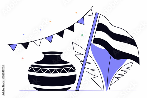 Traditional Gudi Padwa celebration with kalash pot, flag, and festive garland. Gudi Padwa concept vector illustration for holiday greeting card