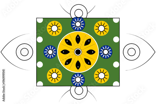 Abstract decorative design with traditional gudi padwa motifs and eye symbols. Concept for indian new year festival. Vector illustration