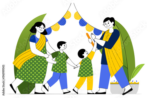 Family with woman, man, and kids celebrating Gudi Padwa under colorful garlands and big leaf. Indian festival concept. Vector illustration for banner, poster