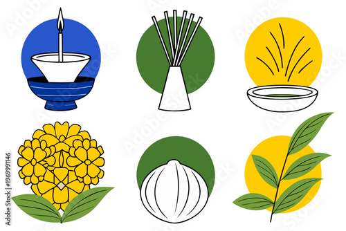 Set of Gudi Padwa icons including diya, incense, kalash, marigold flower, sugar candy. Cultural Indian holiday symbols illustration