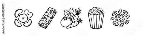 Hand-drawn line art icons of healthy snacks: apple slices, energy bar, fresh vegetables, popcorn, and trail mix. Minimalist black and white doodle illustrations for wellness and nutrition.