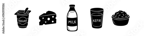Set of hand-drawn dairy product icons including yogurt, cheese, milk bottle, kefir, and cottage cheese. Minimalist black and white vector doodles isolated on a white background.