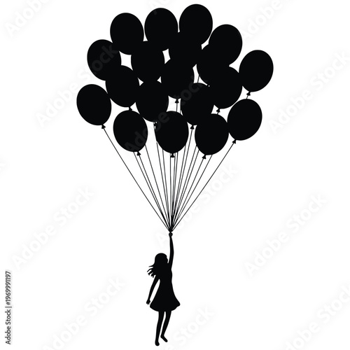 A cluster of black balloons lifts a small child into the air silhouette