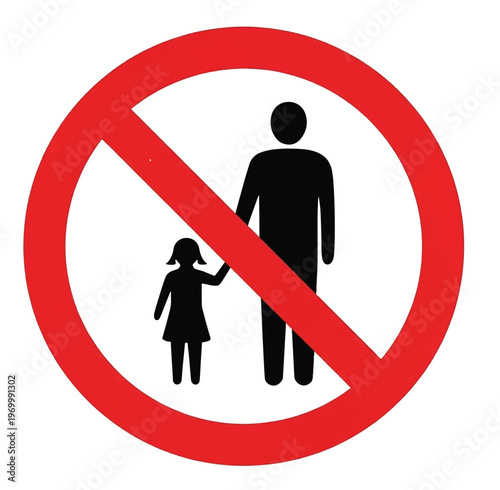 No children sign. Silhouette of an adult and a child inside a red prohibition circle on a white background. Safety symbol for age-restricted areas or adult-only zones.