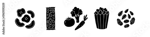 Minimalist black silhouette icons of healthy snacks: fruit slices, granola bar, vegetables, popcorn, and trail mix. Perfect for nutrition, diet, and wellness graphic designs.