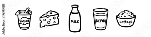 A set of hand-drawn dairy product icons including yogurt, cheese, milk, kefir, and cottage cheese. Minimalist black and white doodle illustrations for healthy eating and farm-fresh concepts.