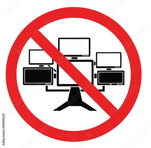 No multiple monitors sign. Silhouette of a computer workstation with several screens inside a red prohibition circle. Concept for digital detox, tech-free zones, or workplace restrictions.