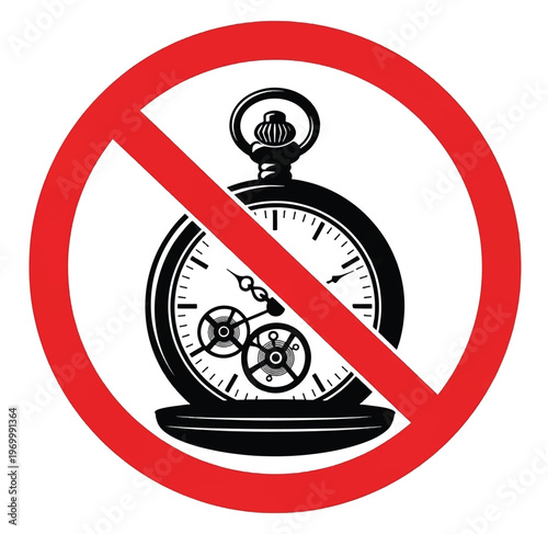 No time sign. Silhouette of a vintage pocket watch inside a red prohibition circle on a white background. Concept for timelessness, no deadlines, or breaks from time tracking.