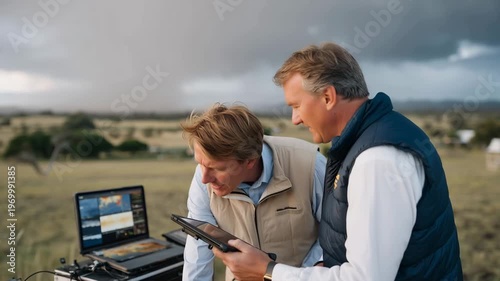 Aftermath of severe weather event with meteorologists analyzing climate prediction models on outdoor field equipment, satellite data streams visible on rugged tablets, ideal for en_4