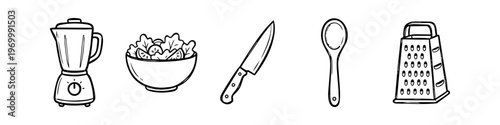 Set of hand-drawn kitchen tool icons including a blender, salad bowl, knife, wooden spoon, and grater. Minimalist black and white line art vector for cooking and culinary concepts.