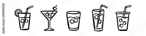 Collection of hand-drawn black and white cocktail and beverage sketches. Minimalist drink icons with ice, straws, and garnish, ideal for menu design, bar graphics, and party invitations.