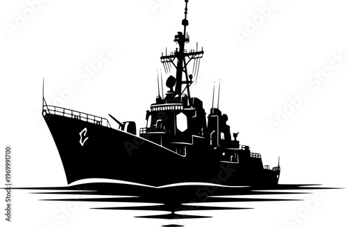 Warship Silhouette Navy Destroyer Military Ocean Combat Defense Black Vector
