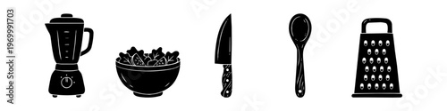 Set of minimalist black kitchen equipment icons featuring a blender, salad bowl, chef knife, wooden spoon, and cheese grater. Hand-drawn doodle style cooking tools isolated on white background.
