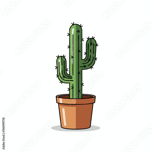 A stylized green cactus with prominent spines stands in a terra cotta pot