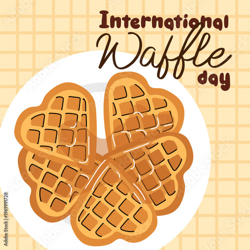 Flat illustration of heart-shaped golden waffles on a white plate for International Waffle Day celebration. Tasty breakfast greeting card or romantic event poster design on checkered background