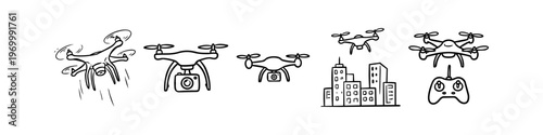 Set of hand-drawn drone doodle icons. Includes quadcopters with cameras, flying over city buildings, and remote control. Black and white sketch illustration for technology and aerial photography.